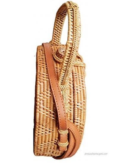 Rattan Nation Handwoven Round Rattan Bag Flower Weave Ribbon Closure with Handle