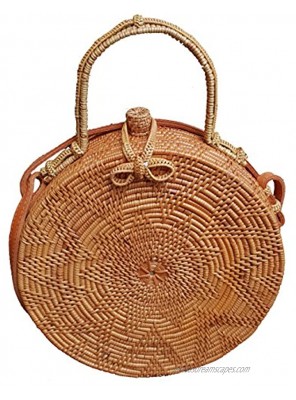 Rattan Nation Handwoven Round Rattan Bag Flower Weave Ribbon Closure with Handle