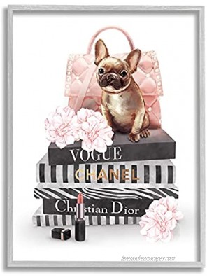 Stupell Industries Glam Bookstack Quilted Pink Purse French Bulldog Designed by Ziwei Li Gray Framed Wall Art 11 x 14 Multi-Color