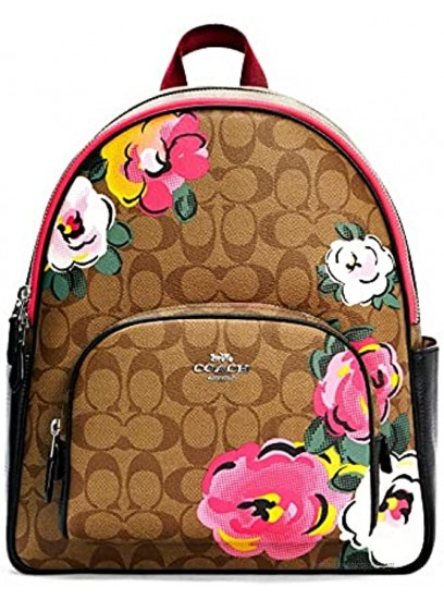 COACH Womens Court Backpack In Signature Canvas With Vintage Rose Print Khaki Multi