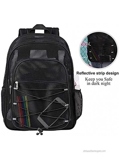 Heavy Duty Mesh Backpack See Through College Student Backpack Semi-transparent Mesh Bookbag with Bungee and Comfort Padded Straps for Commuting Swimming Beach Outdoor Sports