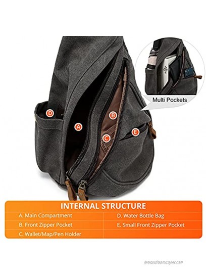 LOVEVOOK Sling Bag Canvas Crossbody Backpack Genuine Leather Shoulder Bag With Zippered Straps Casual Daypacks For Men Cycling Hiking Travel