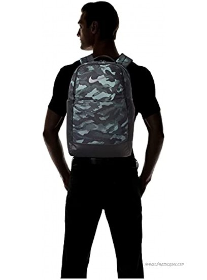 Nike Brasilia 9.0 All Over Print Medium Backpack BA6334-077 Light Solar Flare Heather Black Metallic Cool Grey