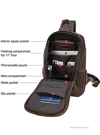 TIDING Men's Vintage Full Grain Leather Sling Bag Travel Hiking Crossbody Chest Daypack Fits 11 iPad