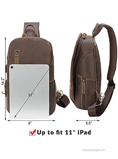 TIDING Men's Vintage Full Grain Leather Sling Bag Travel Hiking Crossbody Chest Daypack Fits 11 iPad