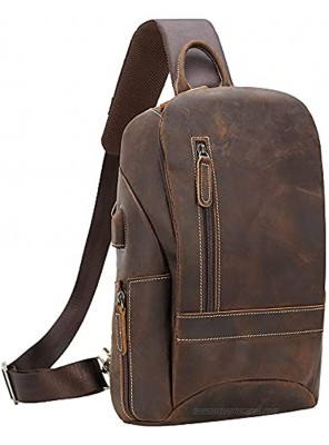 TIDING Men's Vintage Full Grain Leather Sling Bag Travel Hiking Crossbody Chest Daypack Fits 11" iPad