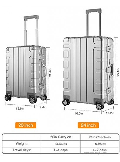 Bamboo Wolf 20-inch Aluminum-Magnesium Alloy Carry-on Hardside Suitcase Hard Shell Luggage Built-In TSA Lock Zipperless Fashion with Spinner Wheels for Travel Business Silver