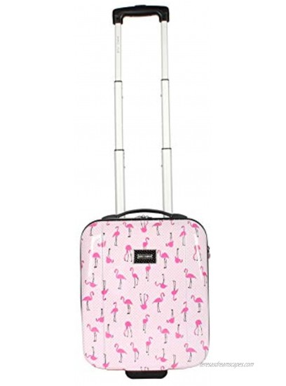 Betsey Johnson Designer Underseat Luggage Collection 15 Inch Hardside Carry On Suitcase for Women- Lightweight Under Seat Bag with 2-Rolling Spinner Wheels Flamingo Strut