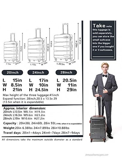 Coolife Luggage Expandableonly 28 Suitcase PC+ABS Spinner Built-In TSA lock 20in 24in 28in Carry on