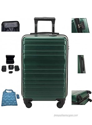 Hardside Carry On Luggage Spinner Suitcase Green color with TSA Lock Universal Travel Adapter and Multipurpose Foldable Bag