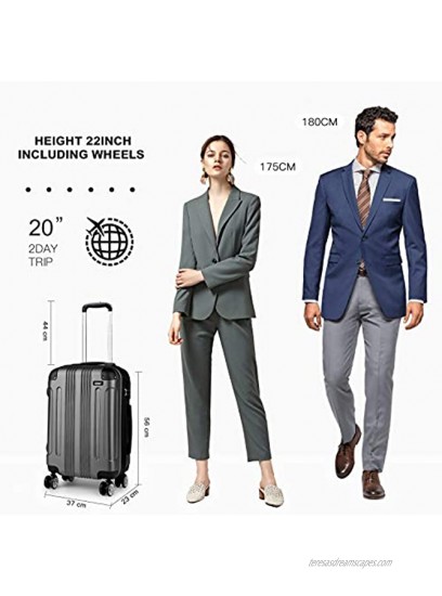 Kono Carry On Suitcases with 8 Spinner Wheels Hard Shell Lightweight Small Rolling Luggage with YKK Dual Zipper for Women 20inch Grey