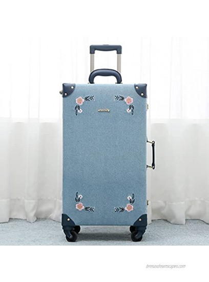 NZBZ Vintage Trunk Luggage Suitcase with Wheels Cute Trolley Retro Suitcase for Women Embroidered Flowers Dark Blue 20