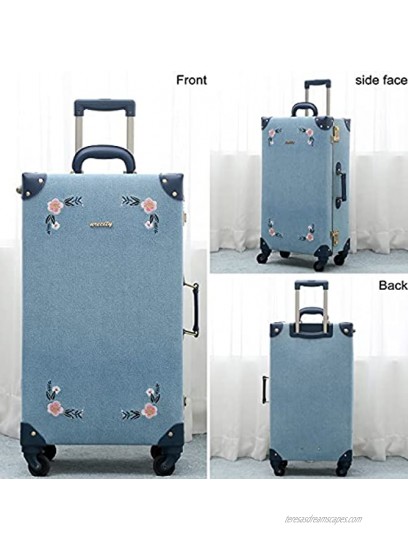 NZBZ Vintage Trunk Luggage Suitcase with Wheels Cute Trolley Retro Suitcase for Women Embroidered Flowers Dark Blue 20