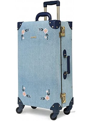 NZBZ Vintage Trunk Luggage Suitcase with Wheels Cute Trolley Retro Suitcase for Women Embroidered Flowers Dark Blue 20"