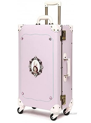 NZBZ Vintage Trunk Luggage Suitcase with Wheels Cute Trolley Retro Suitcase for Women Rabbit Pink 20
