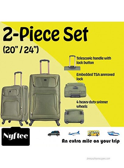 Softside 2pc Luggage set 20+24Spinner-wheel Expandable Suitcases Dark Green color with TSA Lock Exclusive GLARE Sticker system Universal Travel Adapter and Multipurpose Foldable Bag by Nyftee