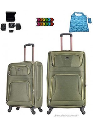 Softside 2pc Luggage set 20+24Spinner-wheel Expandable Suitcases Dark Green color with TSA Lock Exclusive GLARE Sticker system Universal Travel Adapter and Multipurpose Foldable Bag by Nyftee