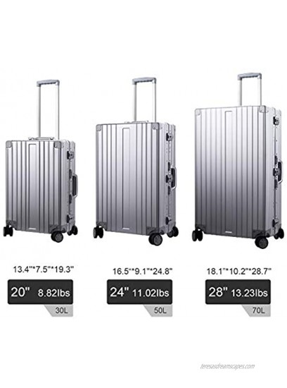 TRAVELKING All Aluminum Luggage Hard Shell Luggage Case Carry On Spinner Suitcase Silver 24