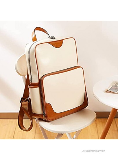 BOSTANTEN Laptop Bag Genuine Leather Backpack Purse for Women College Casual Backpack Travel Bag Beige