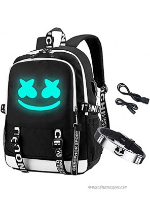 Cozyonme Smile Luminous Backpack with USB Charging Port & DJ Bracelet School Laptop Backpack DJ Music Student Daypack Travel Bag Rucksack Black Large
