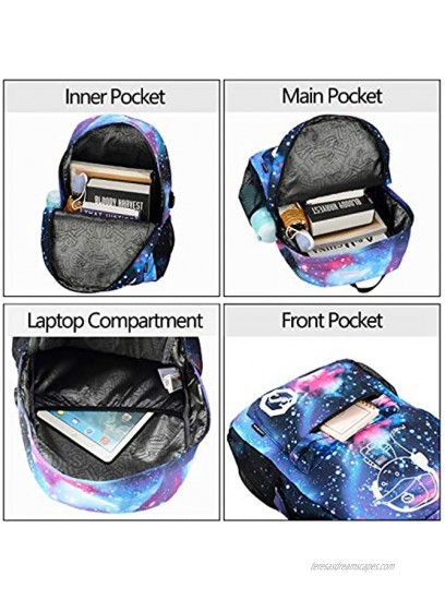 Galaxy Backpack Anime Luminous Backpack Lightweight Laptop Backpack Fashion School Bags Daypack with USB Charging Port Pen Case and Lock for Teens Girls Boys