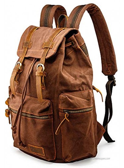 GEARONIC TM 21L Vintage Canvas Backpack for Men Leather Rucksack Knapsack 15 inch Laptop Tote Satchel School Military Army Shoulder Rucksack Hiking Bag Coffee