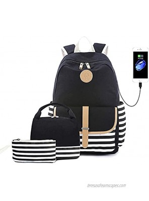 Goodking School Backpack for Teen Girls Women with USB Charging Port Lightweight College Bookbag Laptop Backpack with Insulated Lunch Bag and Pencil Bag 3 in 1 Black