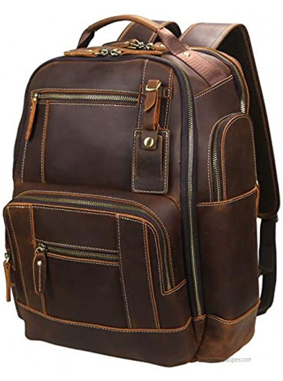 Lannsyne Men's Vintage Full Grain Leather 15.6 Inch Laptop Backpack Camping Travel 24L Rucksack