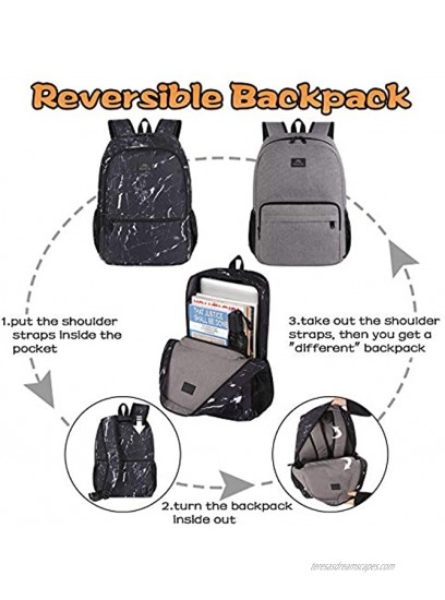 Matein School Bookbag Reversible Backpack for Elementary Boys and Girls Lightweight Student Backpack for College Water Resistant Casual Daypack for Travel Unisex Gift for Men Women Black&Grey