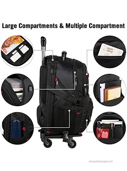 Rolling Backpack with Wheels Backpack on Wheels for Men Women Adults,17 inch Wheeled Roller Computer Rucksack for Travel Business College School,Gifts for Men Women Boyfriend Girlfriend,Black