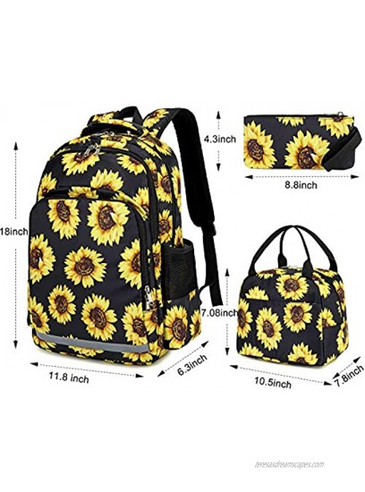 Sunflower Backpack Girls Floral School Bookbag Cute 3 in 1 Backpack Set with Insulated Lunch Box and Pencil Case Sunflower 3 Pieces Black