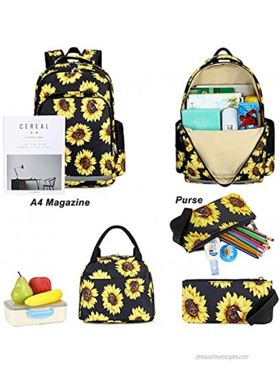 Sunflower Backpack Girls Floral School Bookbag Cute 3 in 1 Backpack Set with Insulated Lunch Box and Pencil Case Sunflower 3 Pieces Black