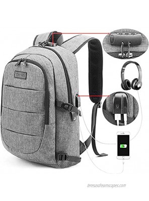 Tzowla Travel Laptop Backpack,Slim Durable Water Resistant Anti-Theft Bag with USB Charging Headphone Port and Lock 15.6 Inch Computer Business Gift for Women Men College School Bookbag-Grey