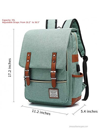 UGRACE Vintage Laptop Backpack with USB Charging Port Elegant Water Resistant Travelling Backpack Casual Daypacks School Shoulder Bag for Men Women Fits up to 15.6Inch Laptop in Green