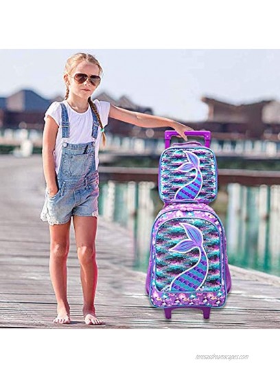 4PCS Rolling Backpack for Girls Kids Mermaid Wheeled Bookbag