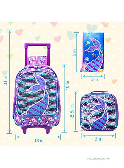 4PCS Rolling Backpack for Girls Kids Mermaid Wheeled Bookbag