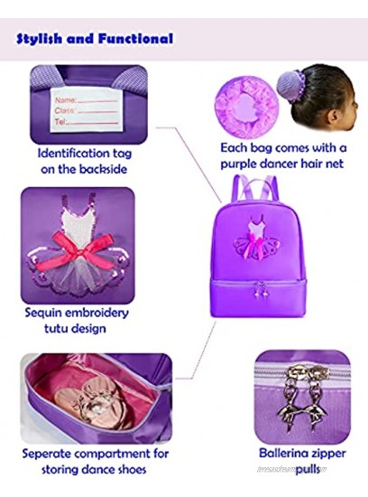 Ballet dance backpack for little girls ballerina Purple bag for dance Toddler dance bag gymnastics Latin dance yoga tap dance jazz separate compartment for shoes with free hair net