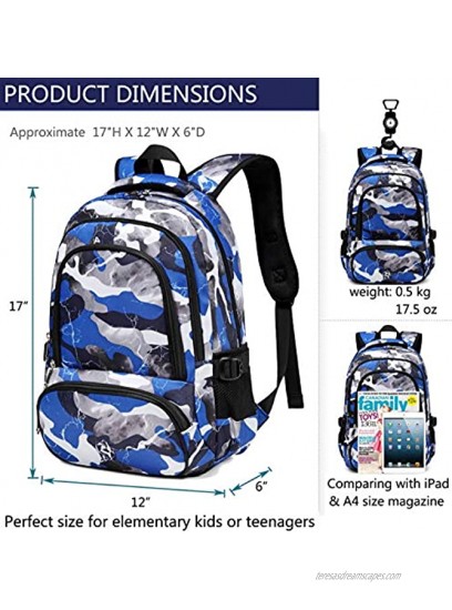 BLUEFAIRY Kids School Bags for Boys Camouflage Elementary School Backpacks Kindergarten Bookbags Lightweight Durable Blue Camo