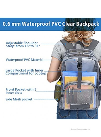 Clear Backpack F-color Large Heavy Duty PVC Transparent Backpack with Laptop Compartment Extra Tote Bag for Women Men School Work Stadium Security Stadium Grey