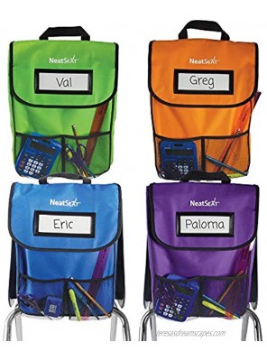 EAI Education NeatSeat Classroom Chair Organizer | Oversized Name-Tag Card Dual Inner Pockets One of Each Color: Blue Lime Green Orange Purple 16" x 12" with 1 1 2" Gusset Set of 4