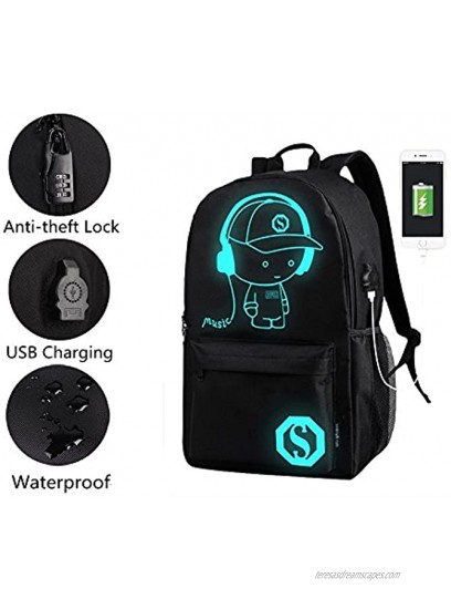 FLYMEI Anime Cartoon Luminous Backpack with USB Charging Port and Anti-theft Lock & Pencil Case Unisex Fashion College School Bookbag Daypack Travel Laptop Backpack Black