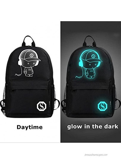 FLYMEI Anime Cartoon Luminous Backpack with USB Charging Port and Anti-theft Lock & Pencil Case Unisex Fashion College School Bookbag Daypack Travel Laptop Backpack Black