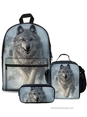 FOR U DESIGNS Backpack Junior Boys Girls Middle School Bags Set with Lunch Box Pencil Holder Wolf Face