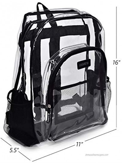 Heavy Duty Clear Backpack Stadium Approved Transparent Design for Quick Access at Security Checkpoints. Adjustable Shoulder Straps Dual Zippered Compartments and Mesh Side Pockets. 16 H x 11 W