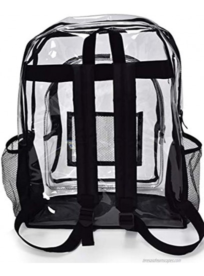 Heavy Duty Clear Backpack Stadium Approved Transparent Design for Quick Access at Security Checkpoints. Adjustable Shoulder Straps Dual Zippered Compartments and Mesh Side Pockets. 16 H x 11 W