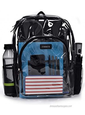 Heavy Duty Clear Backpack Stadium Approved Transparent Design for Quick Access at Security Checkpoints. Adjustable Shoulder Straps Dual Zippered Compartments and Mesh Side Pockets. 16" H x 11" W
