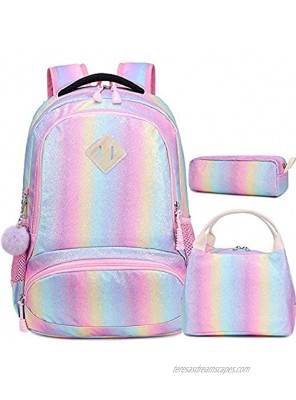 Kids School Rainbow Glitter Backpack with Lunch Bag Girls Preschool Backpack 3 in 1 School Bag Set Daypack Bookbag Bling Set
