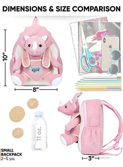 Naturally KIDS Small Dinosaur Backpack Dinosaur Toys for Kids 3-5 Toddler Backpack for Girl w Stuffed Animal Gifts for 3 Year Old Boys w Pockets & Reflective Logo Backpack w Pink Triceratops