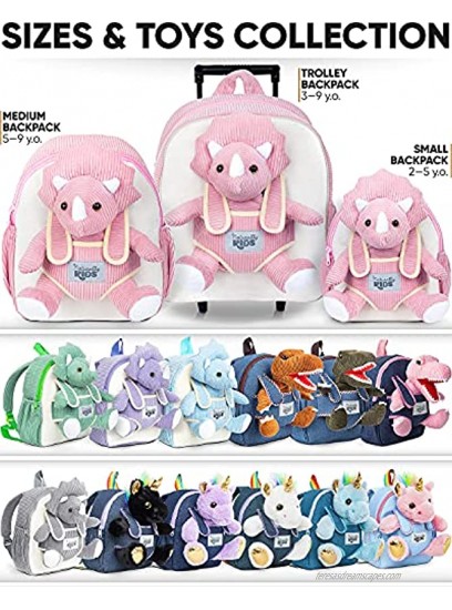 Naturally KIDS Small Dinosaur Backpack Dinosaur Toys for Kids 3-5 Toddler Backpack for Girl w Stuffed Animal Gifts for 3 Year Old Boys w Pockets & Reflective Logo Backpack w Pink Triceratops