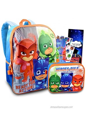 PJ Masks School Backpack With Lunch Box For Kids ~ 4 Pc Bundle With 16" PJ Masks School Bag Lunch Bag Stickers And More Featuring Catboy Owlette And Gekko
